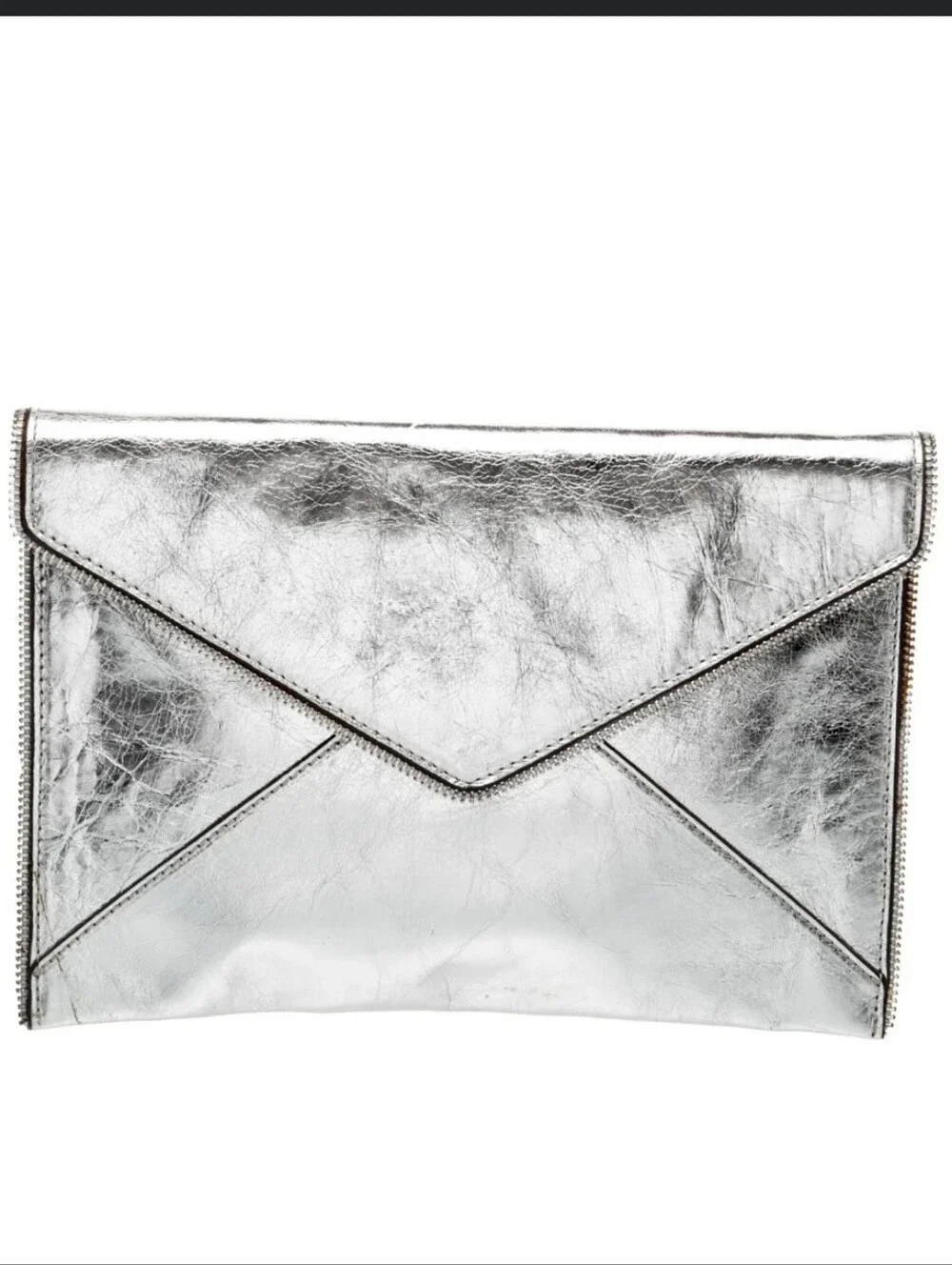 Rebecca Minkoff Silver Leather Envelope Clutch Metallic W/Zip Detail